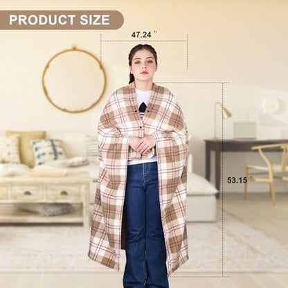 forestfish Wearable Blanket Compact Pillow 2-in-1, Flannel Lap Blanket Poncho with Button Plaid Throw Cushion for Home Office Sofa - color: Light Brown