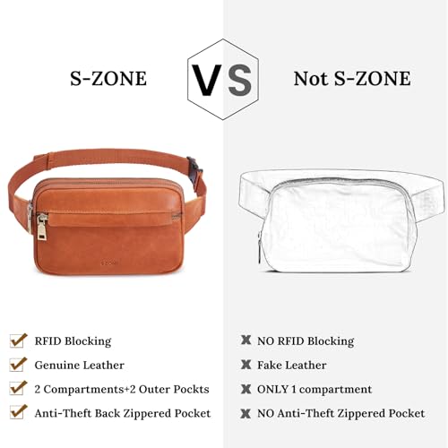 S-ZONE Fanny Packs for Women Genuine Leather RFID Blocking Crossbody Sling - color: Cognac