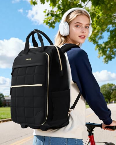Rolling Puffer Backpack for Women, Travel Backpack with Wheels, 16 Inch Wheeled Laptop Backpck, Dual-Opening Design Overnight College Underseat Carry on Luggage, Roller Business Work Bag, Black - color: Square Quilt Black