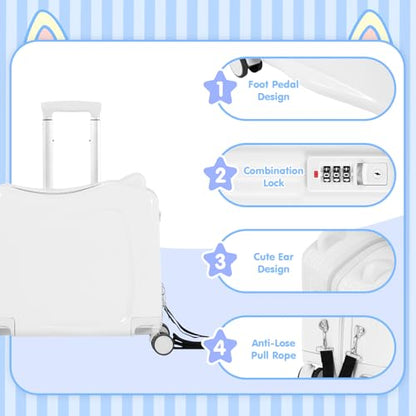 20" Kids Ride-On Suitcase with Rope, Carry-On Luggage with TSA Lock - color: White