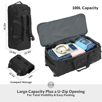 STOVER 100L U-Zip Rolling Duffel Bag with Wheels, X-Large Durable Travel Duffle + Toiletry Bag, Lay-Flat Opening, Packable with Shoulder Straps - Use as Luggage or Backpack, Men/Women (Black) - color: U-Zip Expedition Black