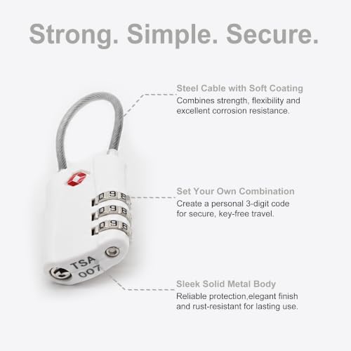 TSA Locks for Luggage, Small Combination Padlock with Cable, Travel Essentials Luggage Locks TSA Approved, Combo Padlock with Code, for Suitcase, Bag, Backpack Zipper, Gym Locker (2-Pack) - color: Black+White