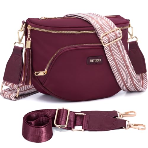 Crossbody Bag for Women Anti Theft Bum bag Shoulder bag with 2 Wide Straps - color: Red-N