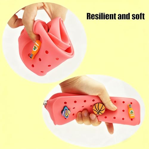 1 Pack Silicone Pen Case Makeup Brush Holder Soft Portable Cosmetic Brush Bag with DIY Holes and 3 Charms(Random) for Travel Home (Beige) - color: Beige