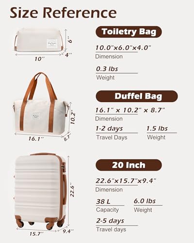 LONG VACATION Luggage Sets, 3 Piece, 20 Inch Carry On Hardshell Suitcase - color: BEIGE-BROWN, size: 3-Piece Set (20-Inch)