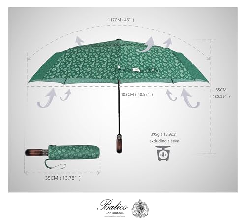 Balios Folding Umbrella Real Wood Handle Auto Open Close - color: Maple Leaves Dark Green