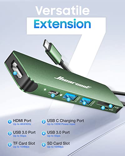 Hiearcool 7-in-1 USB C Hub, USB C Dongle Compatible for MacBook, Green - color: Green