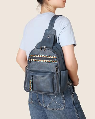 FADEON Large Sling Bag for Women, Designer 10L Leather Crossbody Purse - color: Dark Blue Retro Style