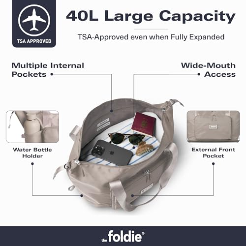 The Foldie Foldable Travel Bag for Women - 40L Weekender Bag with Multiple Pockets - Carry On Expendable Travel Bag - color: Beige