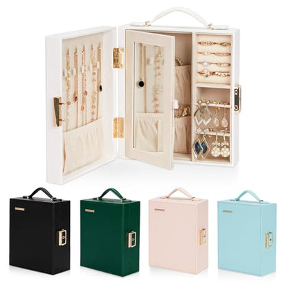 Enthralite Portable Travel Jewelry Case: Jewelry Box with Lock and Mirror - color: White