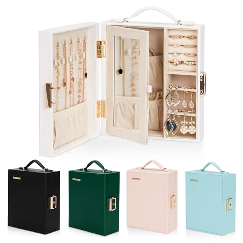 Enthralite Portable Travel Jewelry Case: Jewelry Box with Lock and Mirror - color: White