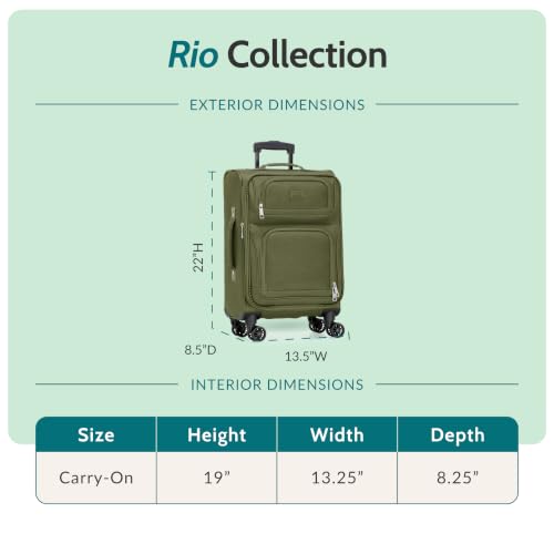 U.S. Traveler Rio Lightweight Softside Rolling Carry-on Suitcase, 4-Wheel Single, Green - color: Green, size: 22"