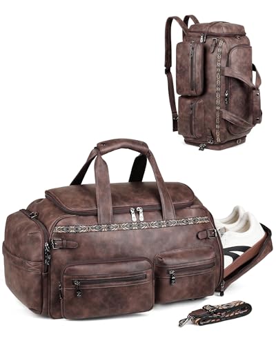 FADEON Duffle Bag for Women, Large Convertible Carry on Overnight Backpack | Designer Leather Mens Weekend Bags for Travel, Business, Trip, Daily, Gift, Work, Brown - color: Coffee Brown Retro Style