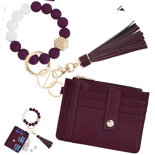 KNGITRYI Wristlet Wallet for Women,RFID Keychain Wallet with Beaded Strap - color: Burgundy