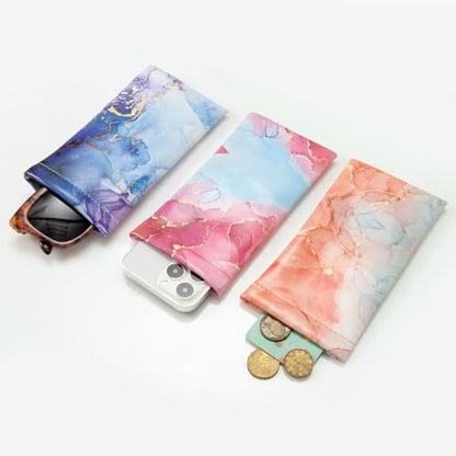 TRIUMPH VISION Eyeglass Case Glasses Case Soft Sunglass Pouch Sleeve 3 Pack - color: Pu Leather Marble Purple Blue Pink Gold