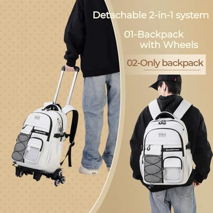 MITOWERMI Rolling Backpack with Wheels for Girls Boys, White 6 Wheels - color: 6-wheel White, size: 6-Wheel