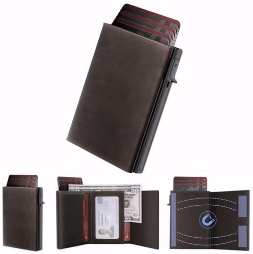 ROYAL KIT Wallet for Men Card Holder: Pop Up Card Case, RFID Blocking, Premium Genuine Leather, Slim, Minimalist, Front Pocket - 14 Card Capacity | ID Window | Cash Slot (Brown) - color: Dark Brown