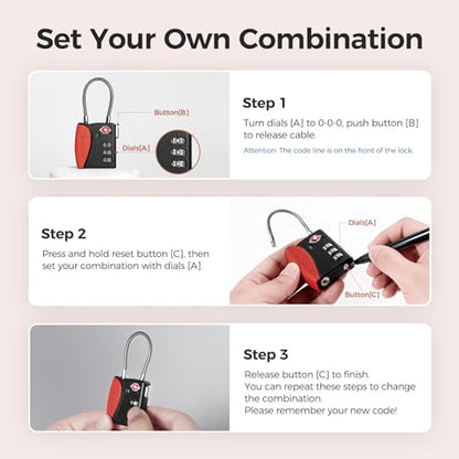 pack all TSA Approved Travel Luggage Locks, Resettable 3-Digit Code - color: Red, size: 4 Pack
