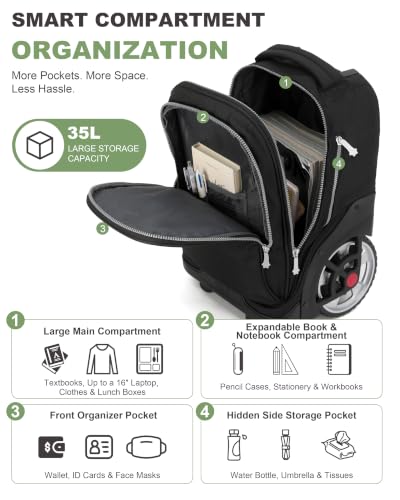 NEW TILAMI 19 Inch Rolling Backpack with Lunch Bag School, Black - color: Black