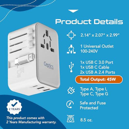 Ceptics 45W Universal Adapter, USB-C Cable, 3 USB Ports & Universal Input - color: White/Silver
