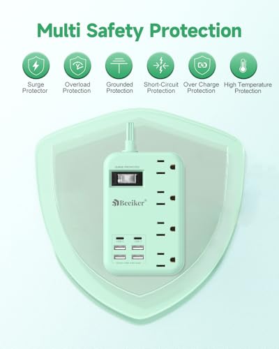 6 USB(2 USB C) Green Travel Power Strip 4 Outlets 5Ft Green Extension Cord - size: 5 FT(Green-24W USB-980J)