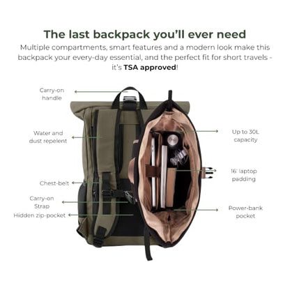8000Kicks Everyday Hemp Backpack - Lightweight and Waterproof Backpack with Anti-theft pocket and Spacious Interior (Dark Green) - color: Dark Green