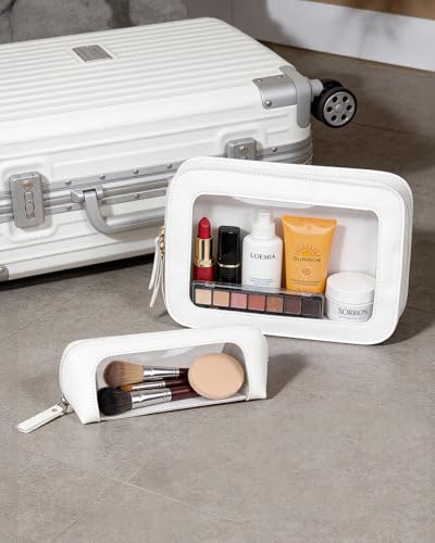 LETGO 2Pack Clear Makeup Bags Set, Small Clear Makeup Bag, PU Leather Travel Makeup Brush Case Portable Transparent Waterproof Cosmetic Organizer Pouch with Zipper for Women(2Pack-White Set) - color: 2Pack-White Set