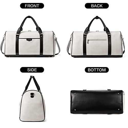 BOSTANTEN Weekender Bags for Women Leather Duffle Large Travel Bag Carry On Duffel with Shoe Compartment - color: White & Black