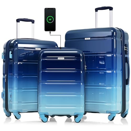 3 Luggage Sets, ABS Hardshell Suitcase Spinner Wheels with USB Port - color: blue and navy