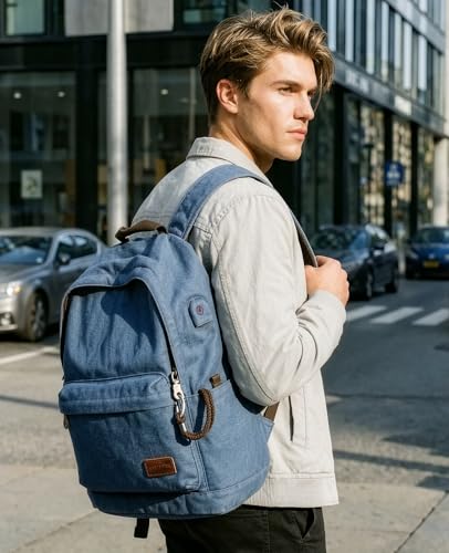 Muzee Canvas Backpack for Men and Women with 15.6 inch Laptop Compartment - color: Denim Blue