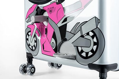 Younglingz LIL FLYER GO Version 2 Ride On Suitcase for Kids | Carry On Luggage with Toddler Seat, Foldable Handlebars, Pedals, and Removable Wheels | Holds up to 80 lbs | Pink Motorcycle | Ages 2-6 - color: Pink Motorcycle V2