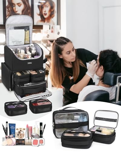 Relavel Makeup Backpack Large Bag with 5 Clear Set Bags, Dual Layer Professional Cosmetic Organizer Travel Train Case Makeup Artist Kit with Adjustable Dividers & Easy to Clean Lining, Black - color: Black (5 clear bags), size: Large