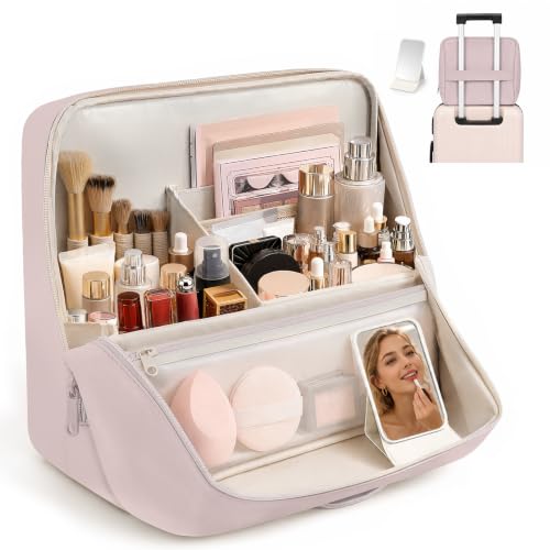 Travel Makeup Bag Standing Folding Leather Cosmetic Organizer with Handle - color: Dusty Pink, size: X-Large