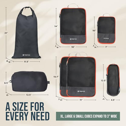 TRIPPED Travel Gear Large Compression Packing Cubes 7-Piece Set for Travel - color: Grey and Orange-Mesh