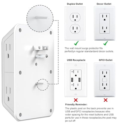 2 Pack Outlet Extender Surge Protector, 6 Outlet Splitter with 4 USB Outlet (2 USB A,2 USB C), 3Sided Power Strip with Adapter Spaced Outlets for Home, Office, Travel(White)-ETL - color: White 2 Pack