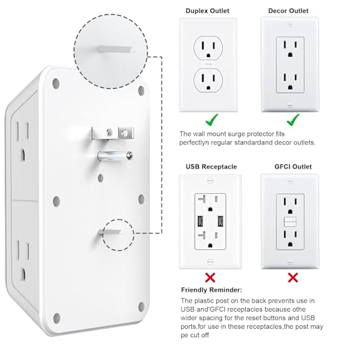JcBlaon Surge Protector Outlet Extender 6 Outlet Extender with 4 USB Ports (PD 30W), 3 Sided 1050J Multi Plug Wall Adapter Power Strip for Home Travel Office Essentials-ETL - color: White PD30W 1 Pack