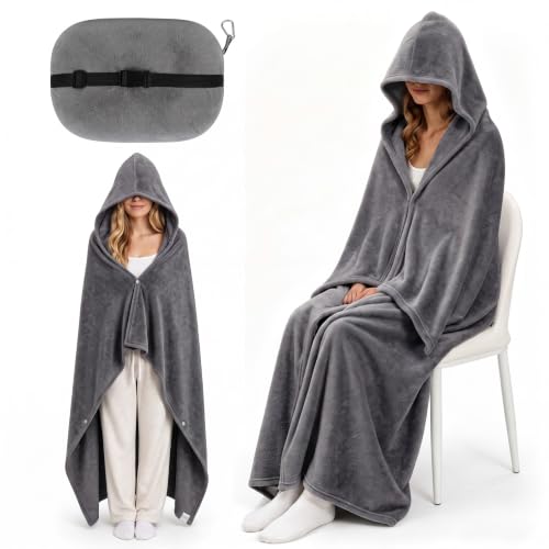 Hooded Blanket for Airplane Travel, Compact Fleece, Grey - color: Grey