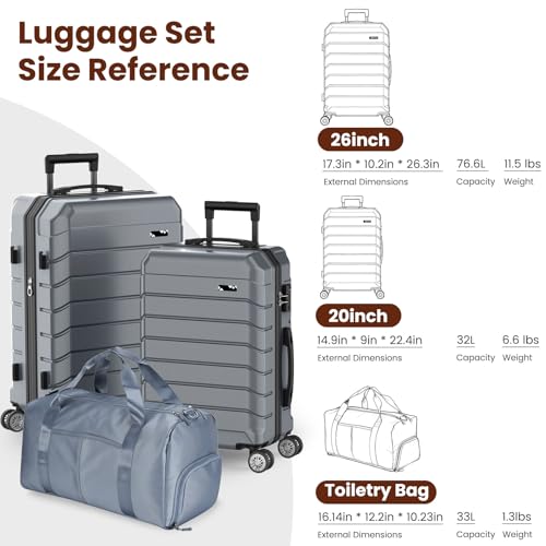 Luggage Sets 3 Piece Lightweight Durable Hardshell Suitcase (Grey) - color: GREY