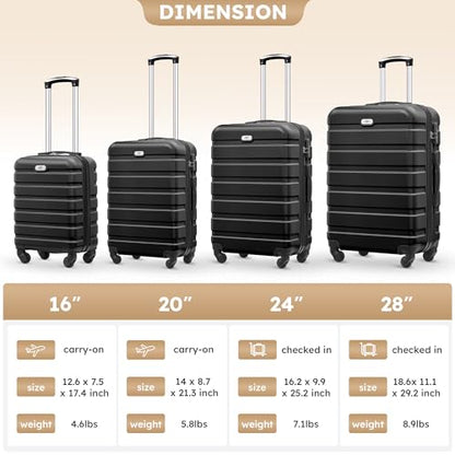 Suitour 4 Piece Luggage Sets, Hard Shell Suitcase Set with Spinner Wheels 16 20 24 28inch Travel Sets(Black) - color: Black