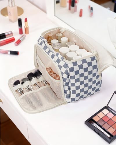 Narwey Travel Toiletry Bag for Women, Large Cosmetic Makeup Bag Organizer - color: Greyish Blue Checkerboard