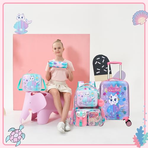 Cute Cat Kid's Luggage Set - 5 Piece Hardside Suitcase Set with Spinner Wheels - Airline Approved - color: Cat Pink