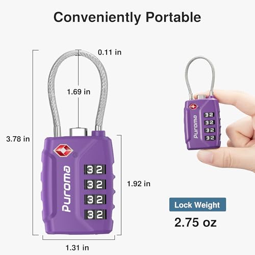 Puroma 2 TSA Approved Luggage Locks 4 Digit Code Cable Lock Purple Dark | Resettable, Flexible Cable, Zipper holes, Zinc Alloy, Bright Color, Large White Numbers, Suitcase Train Travel, laptop bag - color: Basic Purple Dark