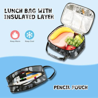 ACESAK 3PCS Camo Backpack for Boys with Lunch Box Pencil Case - color: Gray Black