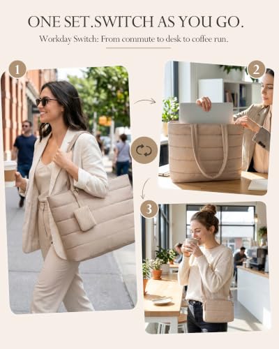 Aosbos Puffer Tote Bag for Women, 3-Piece Laptop Bag for Work,Travel,Gym - color: Grayish Brown