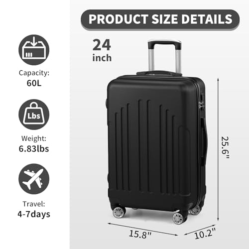 Karl home 24in Checked Luggage, Medium Suitcase with Wheels, Black - color: Black, size: 24 Inch