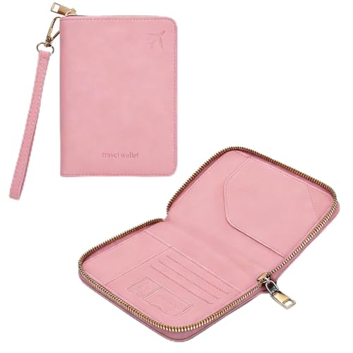Passport Holder for Travel Wallet,RFID Detachable Wrist Strap Wallet - color: Pink