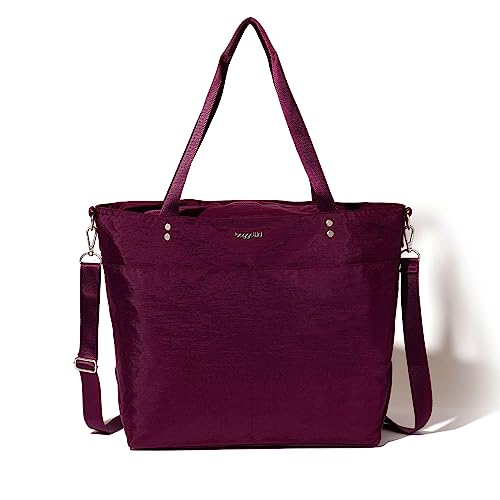 Baggallini Carryall Tote - Lightweight Nylon Zipper Top Weekender Travel Beach Bag w/Luggage Sleeve - color: Mulberry