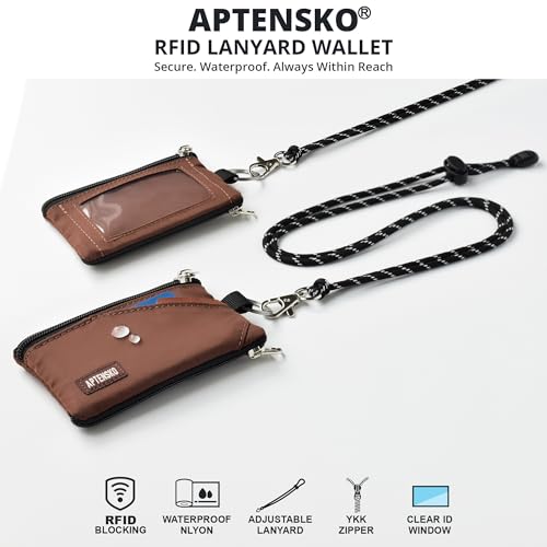 RFID 차단 여행용 지갑, 조절 가능한 랜야드 포함, 작은 나일론 지퍼 파우치 및 신분증, 신용 카드, 현금, 열쇠, 통근자용 배지 홀더, 커피., 끈이 달린 RFID 차단 여행용 지갑 - color: 커피.