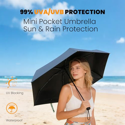 Mini Umbrella for Purse with Case, Sturdy Travel Essentials, UV Sun Protection Lightweight Compact Manual Open Close, Tiny Pocket Fits Purse Backpack, Women Kids Men - color: Navy Blue