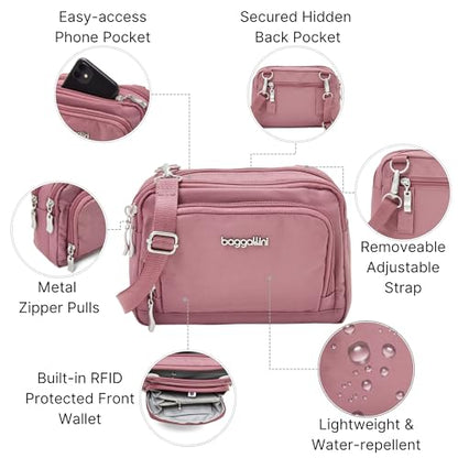Baggallini Triple Zip with Front Wallet/Trifecta RFID Wallet Crossbody - color: Dusty Mauve